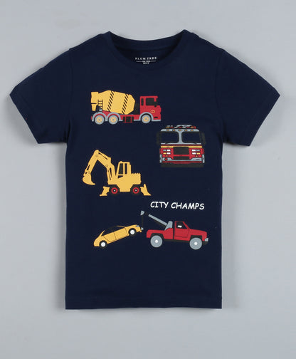 Plum Tree Boys Half Sleeve Fire Truck Print T-shirt and Short( Pack of 2)-NAVY YELLOW
