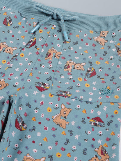 Girls Deer AOP & Crown Stone wide leg relaxed Fit Cotton Trouser - Teal Blue