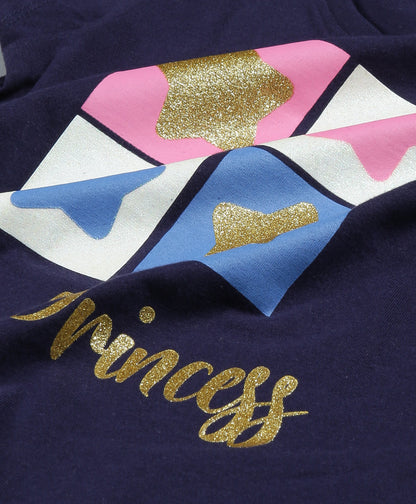 Plum Tree Girls Half Sleeve Little Princess Print T-shirt and Short( Pack of 2)-NAVY & ORANGE