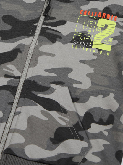California Print Hooded front open Zipper Cotton Rich sweatshirt- Grey Melange