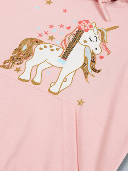 Girls Unicorn Print & EMB Hooded Cotton  sweatshirt - Pink