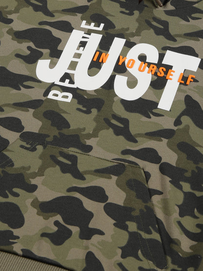 Just Believe In Yourself Print  Hooded Cotton sweatshirt- Olive Camo