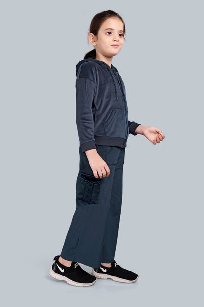 Girls Velour Zip-up Hoodie Sweatshirt and Wide Leg Cargo Pants