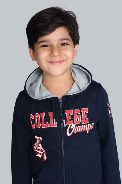 Boys Zip-Up Hoodie With Raised “College Champs” sweatshirt And Cargo Pocket Jogger Pants