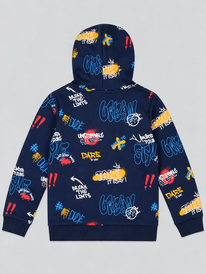 Boys Premium Soft Cotton Full Zipper Printed Hooded Sweatshirt