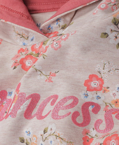 Glitter Printed Hoodie Sweatshirt and Printed Jogger set- Peach
