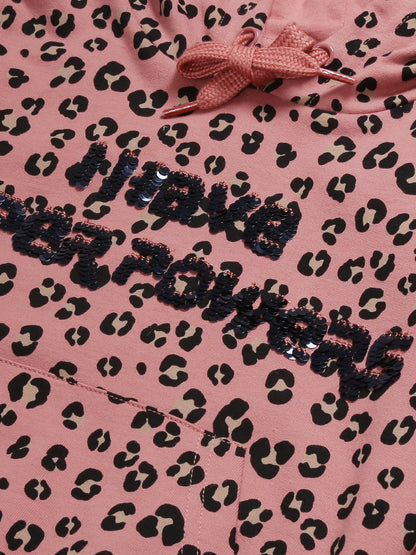 Sequins Hoodie Sweatshirt and Printed Jogger set- Pink