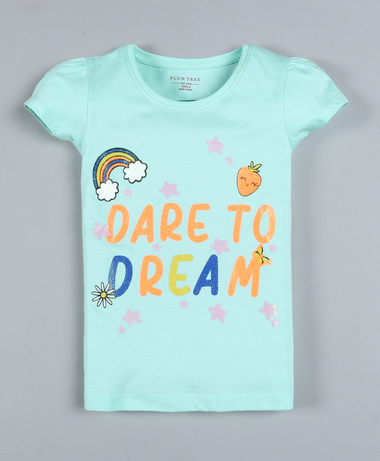 Plum Tree Girls Dare To Dream Print  T-shirt( Pack of 2)-YELLOW & POOL BLUE