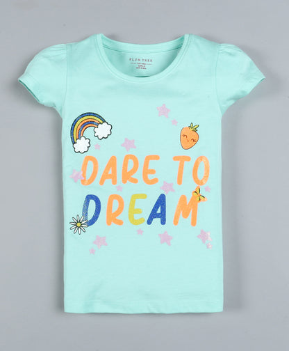 Plum Tree Girls Dare To Dream Print  T-shirt( Pack of 2)-YELLOW & POOL BLUE