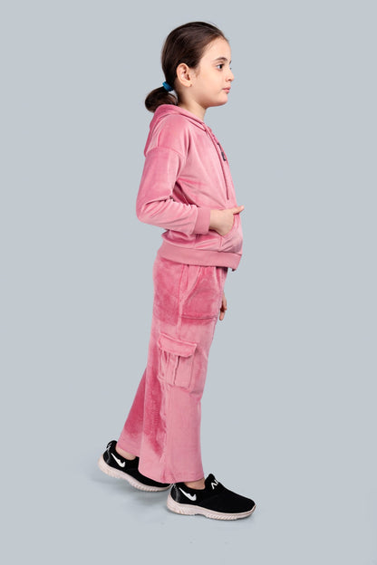 Girls Velour Zip-up Hoodie Sweatshirt and Wide Leg Cargo Pants
