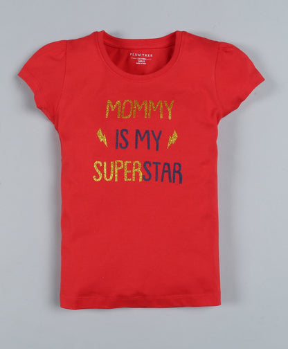 Plum Tree Girls Mommy Superstar Print  T-shirt( Pack of 2)-RED & OFF WHITE