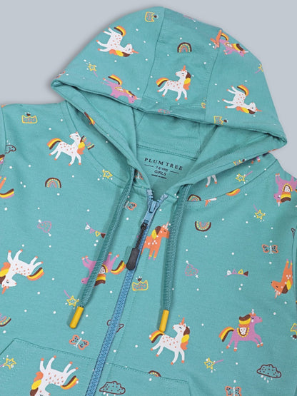 Girls Premium Soft cotton Full Zipper Printed Hooded Sweatshirt