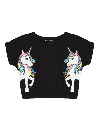 Girls Set of 2 printed pure cotton Crop Top-CORAL BLACK
