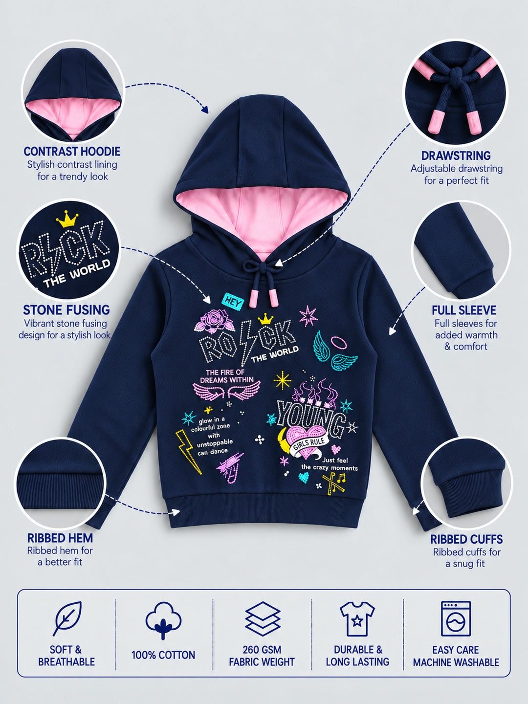 Girls Premium Soft Cotton Full Sleeve Printed Hooded Sweatshirt
