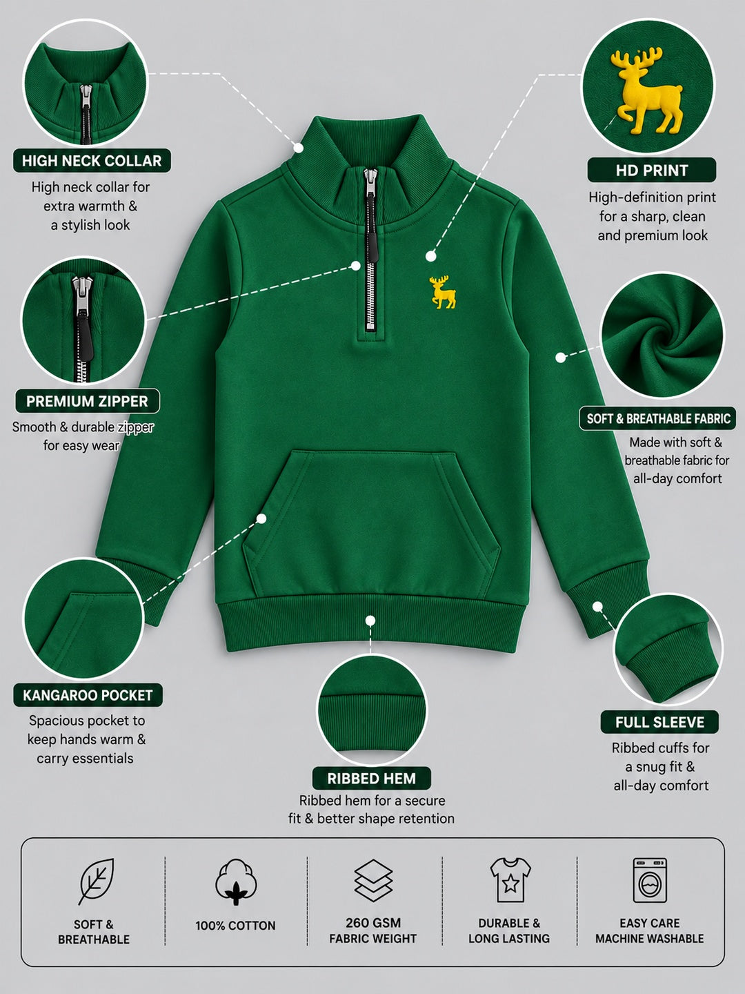 Boys Premium Soft Cotton Full Sleeve Half Zipper Hi-Neck Sweatshirt
