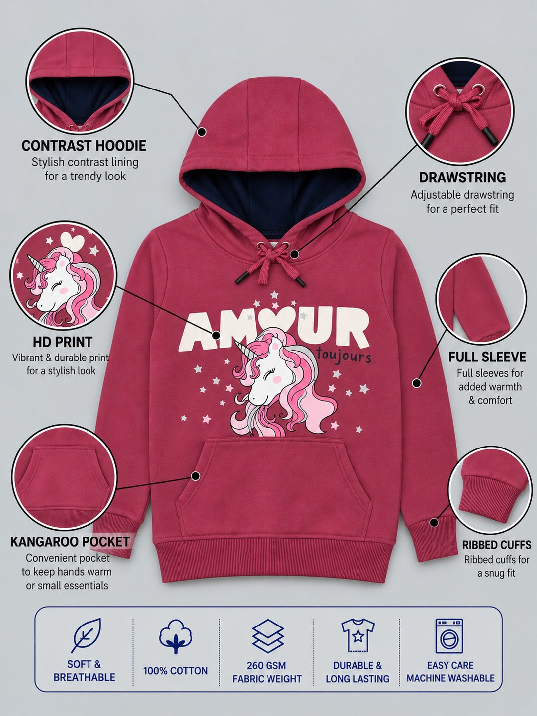 Girls Premium Soft Cotton Full Sleeve Printed Hooded Sweatshirt
