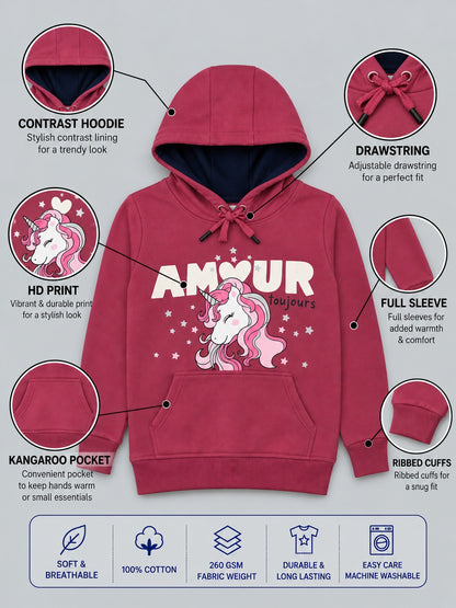 Girls Premium Soft Cotton Full Sleeve Printed Hooded Sweatshirt