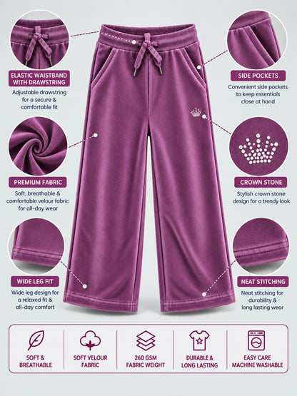 Girls Premium Velour Crown stone Printed Wide Leg Pant