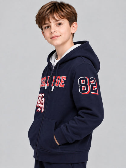 Boys Premium Soft Cotton Full Zipper Printed Hooded Sweatshirt