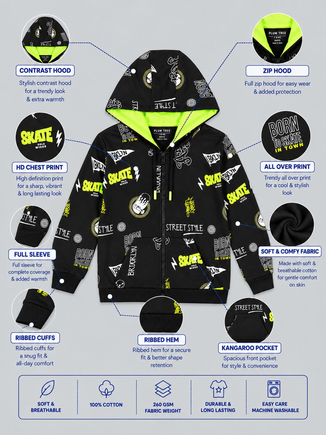 Boys Premium Soft Cotton Full Zipper Printed Hooded Sweatshirt