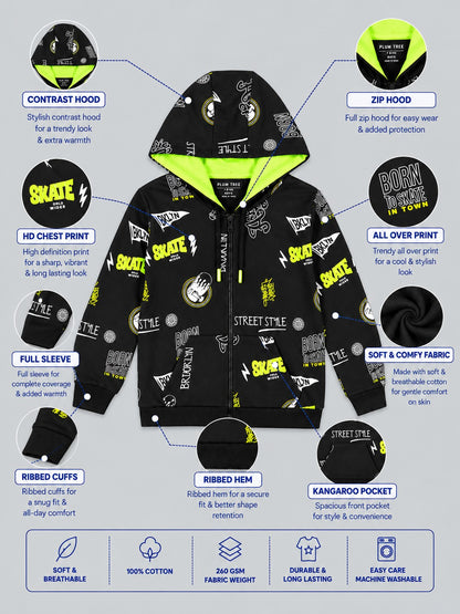 Boys Premium Soft Cotton Full Zipper Printed Hooded Sweatshirt