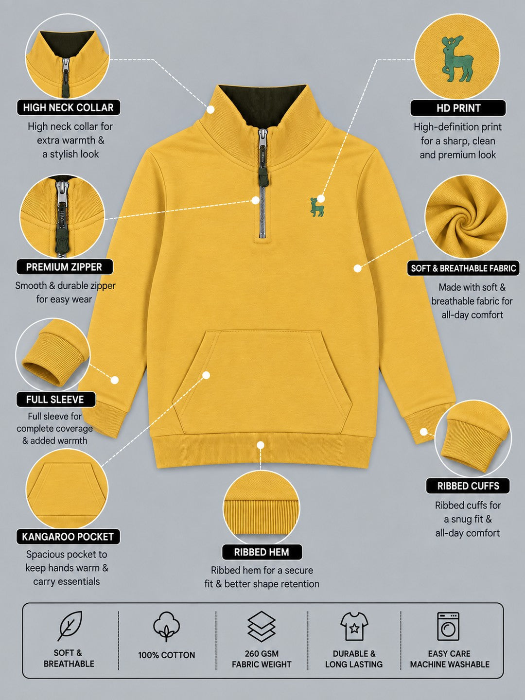 Boys Premium Soft Cotton Full Sleeve Half Zipper Hi-Neck Sweatshirt