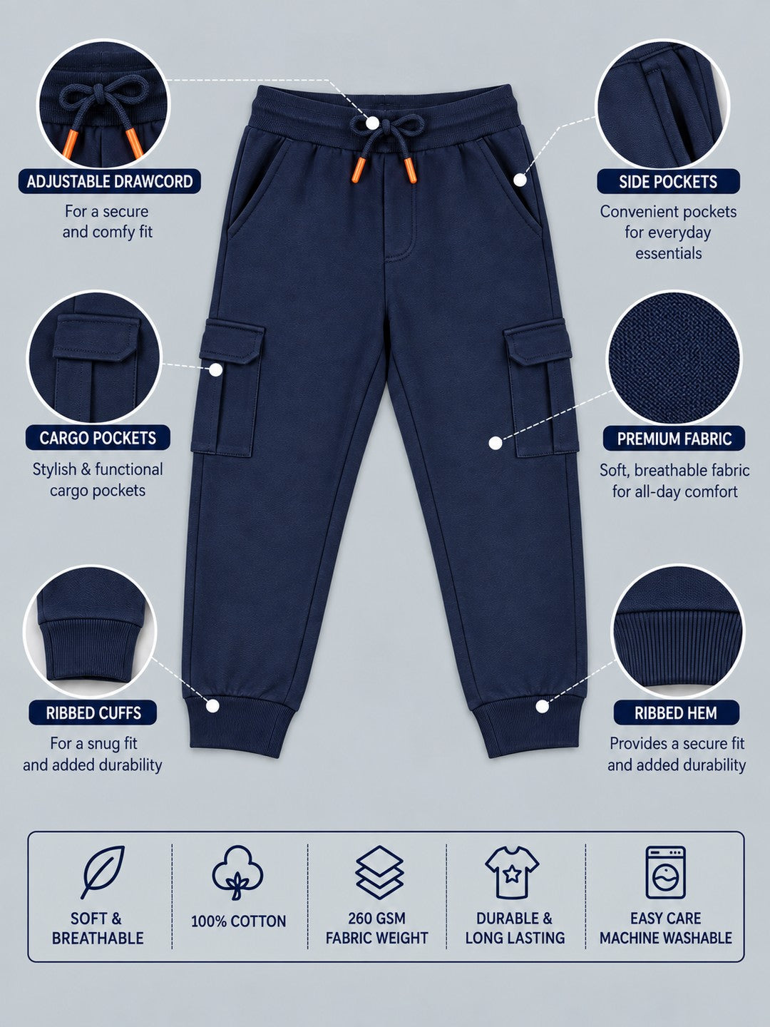 Boys Premium Soft Cotton Solid Cargo Pocket Jogger