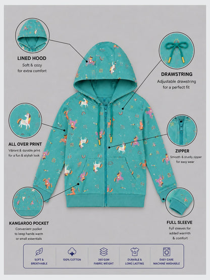 Girls Premium Soft cotton Full Zipper Printed Hooded Sweatshirt