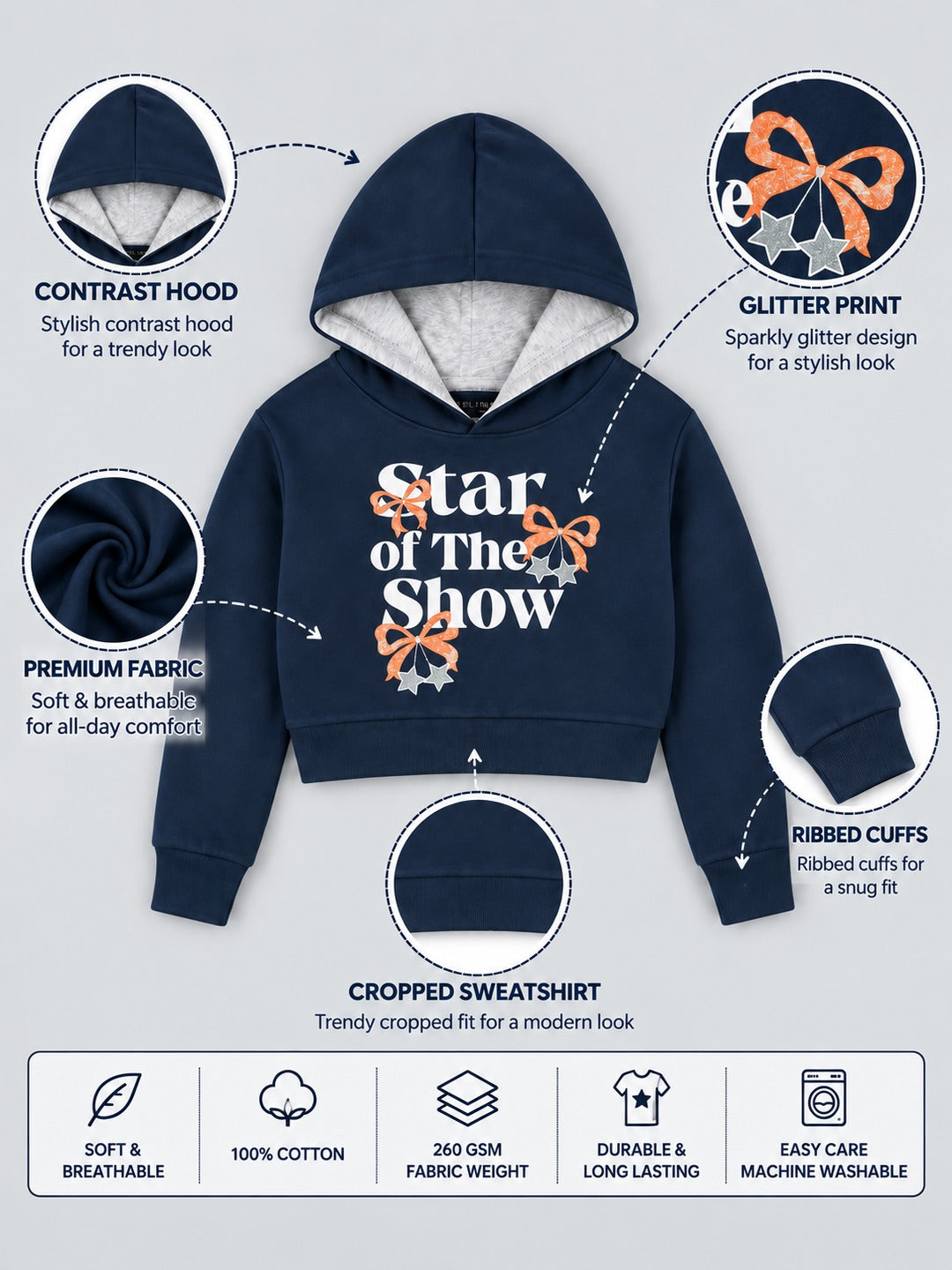 Girls Premium Soft cotton Full Sleeve Cropped Hooded Sweatshirt
