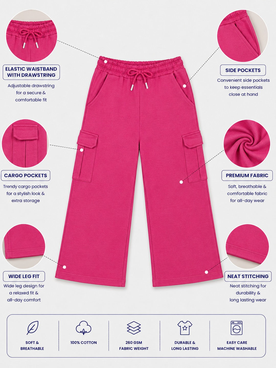 Girls Premium Soft Cotton Wide Leg Cargo Pocket Pants