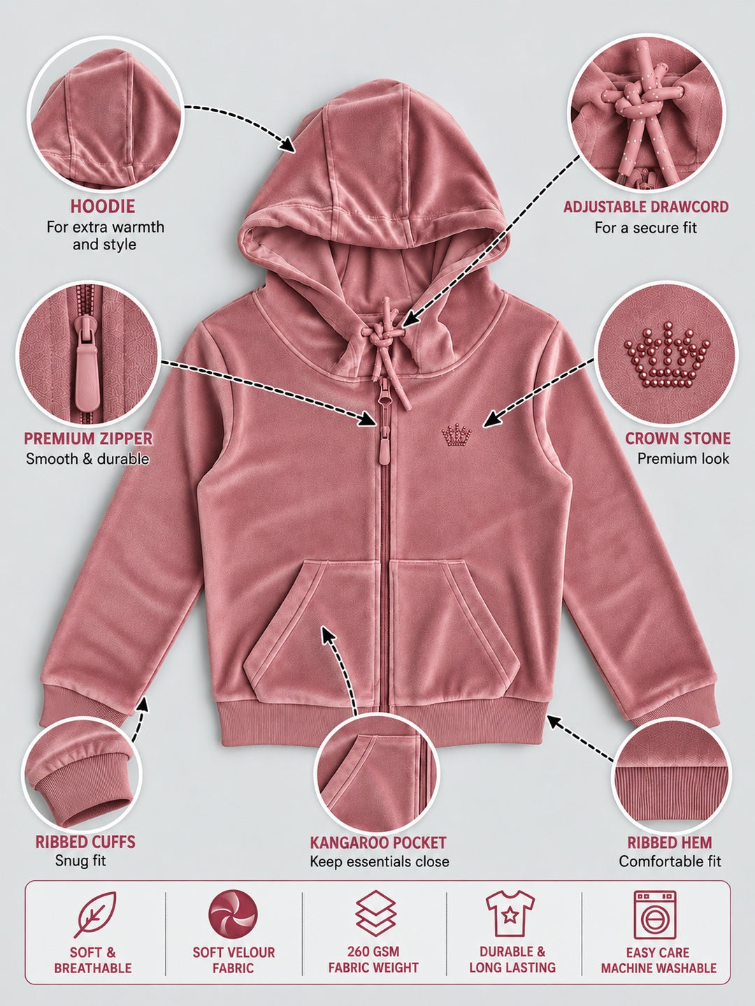 Girls Premium Velour Full Sleeve Solid Full-Zipper Hooded Sweatshirt