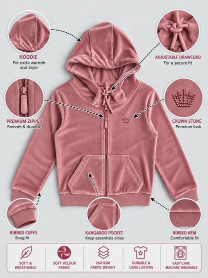 Girls Premium Velour Full Sleeve Solid Full-Zipper Hooded Sweatshirt