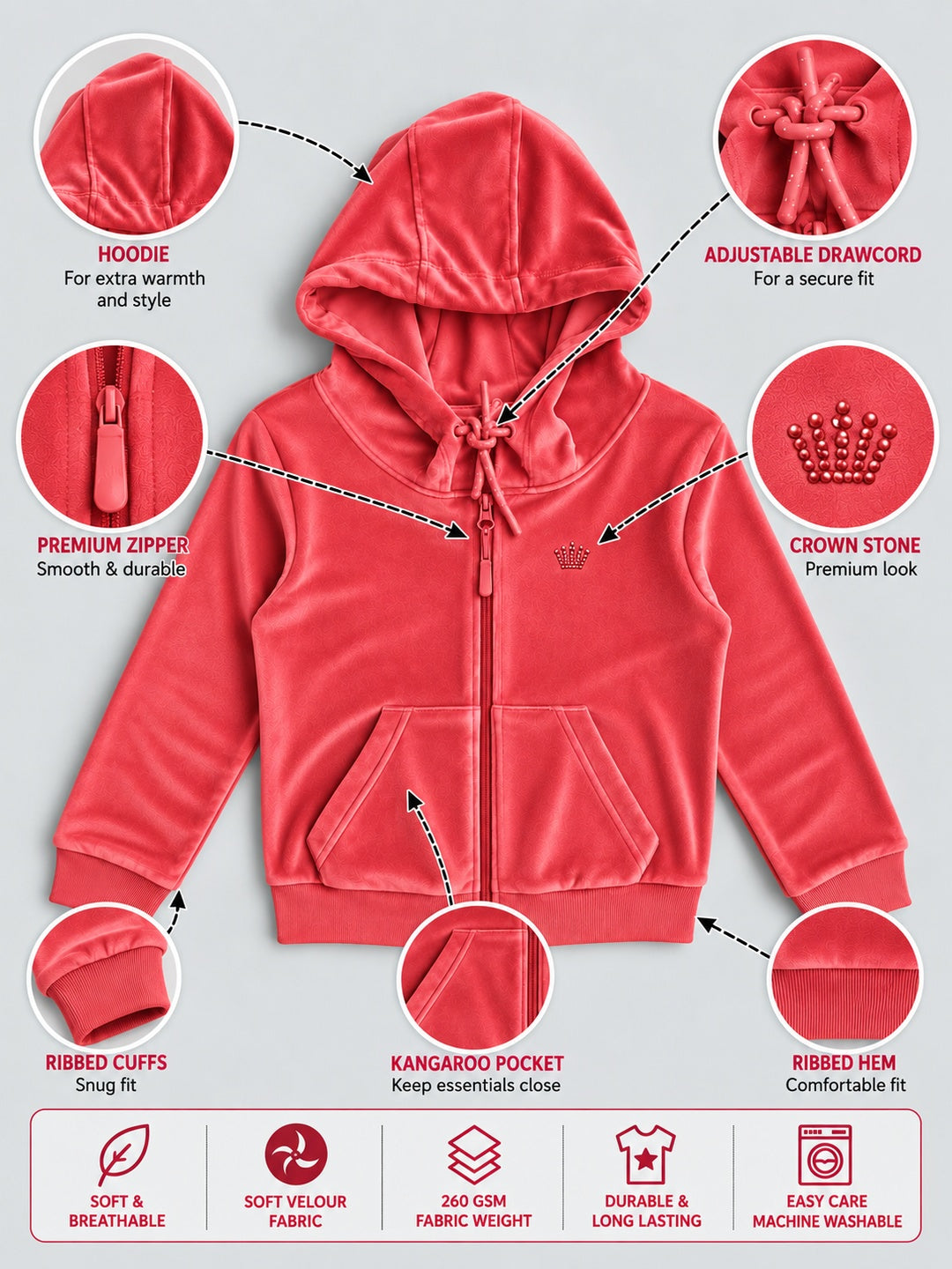 Girls Premium Velour Full Sleeve Solid Full-Zipper Hooded Sweatshirt