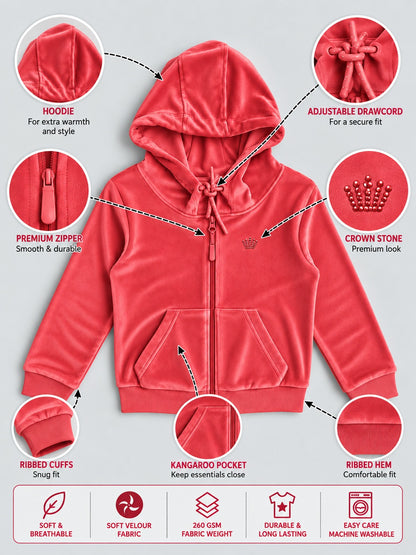 Girls Premium Velour Full Sleeve Solid Full-Zipper Hooded Sweatshirt