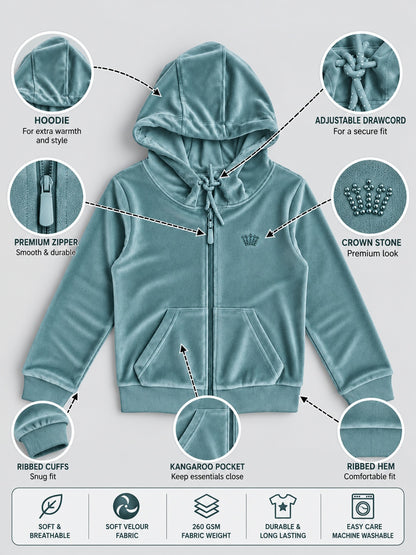 Girls Premium Velour Full Sleeve Solid Full-Zipper Hooded Sweatshirt