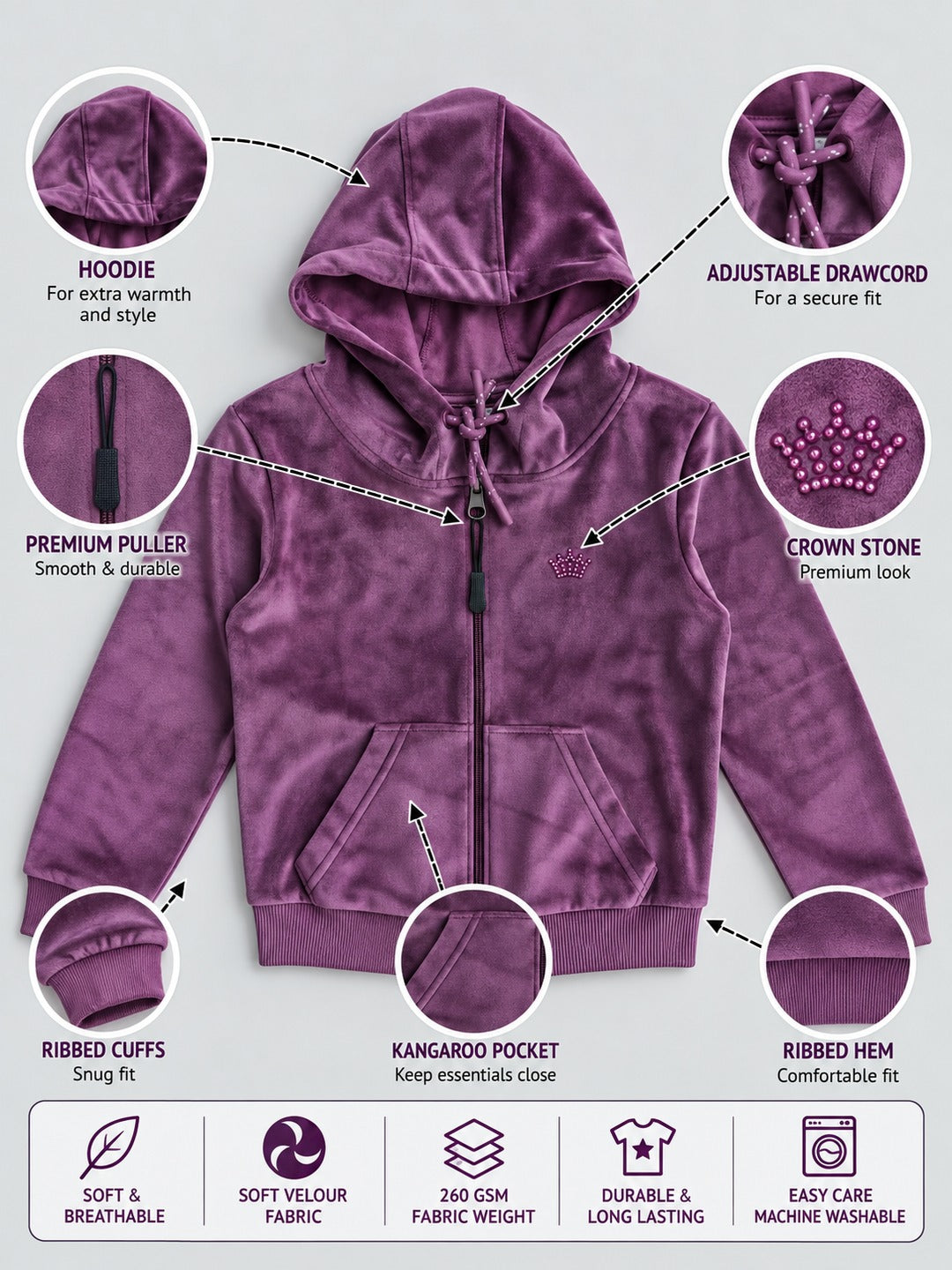 Girls Premium Velour Full Sleeve Solid Full-Zipper Hooded Sweatshirt