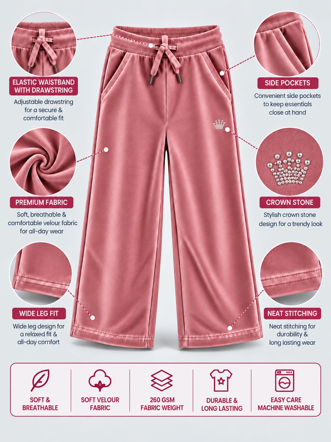 Girls Premium Velour Crown stone Printed Wide Leg Pant
