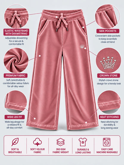 Girls Premium Velour Crown stone Printed Wide Leg Pant