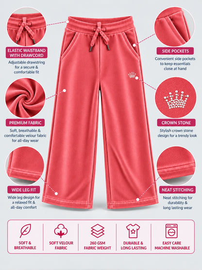 Girls Premium Velour Crown stone Printed Wide Leg Pant