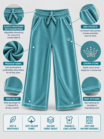 Girls Premium Velour Crown stone Printed Wide Leg Pant