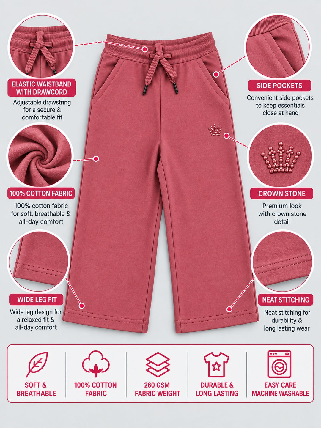 Girls Premium Soft Cotton Crown stone Printed Wide Leg Pant