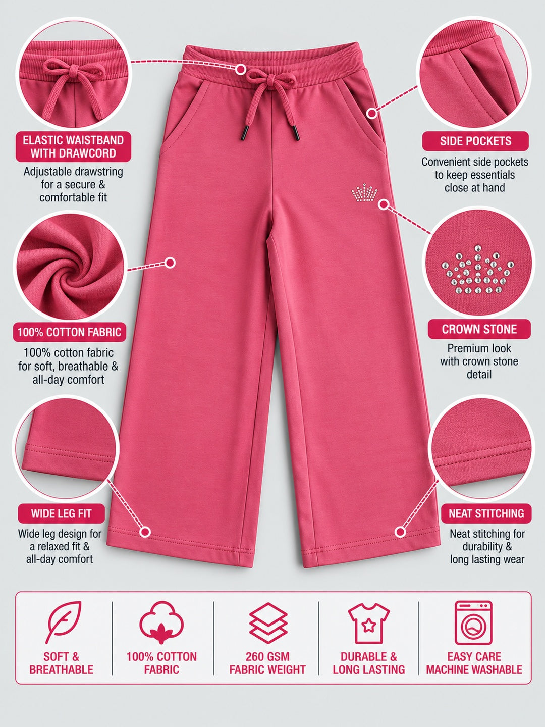 Girls Premium Soft Cotton Crown stone Printed Wide Leg Pant