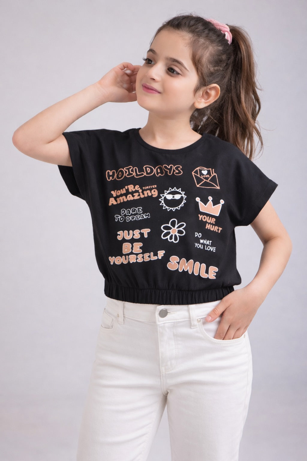 Girls Stretchable Elastic waist Crop T-Shirt Pack of 2