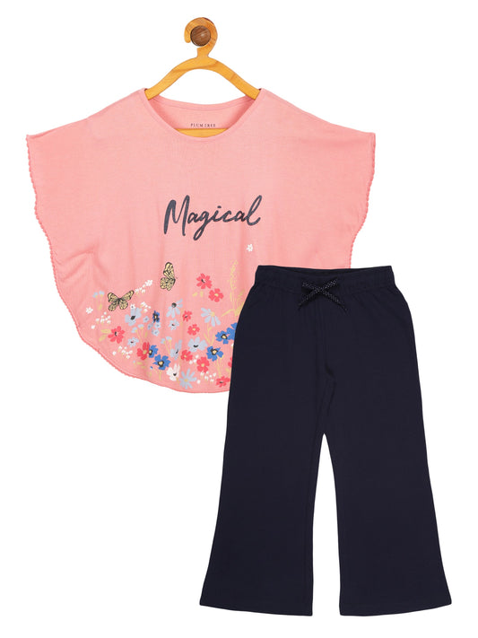 Girls 2 piece Soft Rayon Poncho T-shirt  & pure cotton knit Jogger Set -CORAL TRUE NAVY