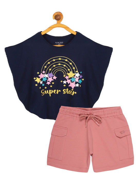 Girls 2 piece Soft Rayon Poncho T-shirt  & pure cotton knit cargo short Set -NAVY DUSTY PINK
