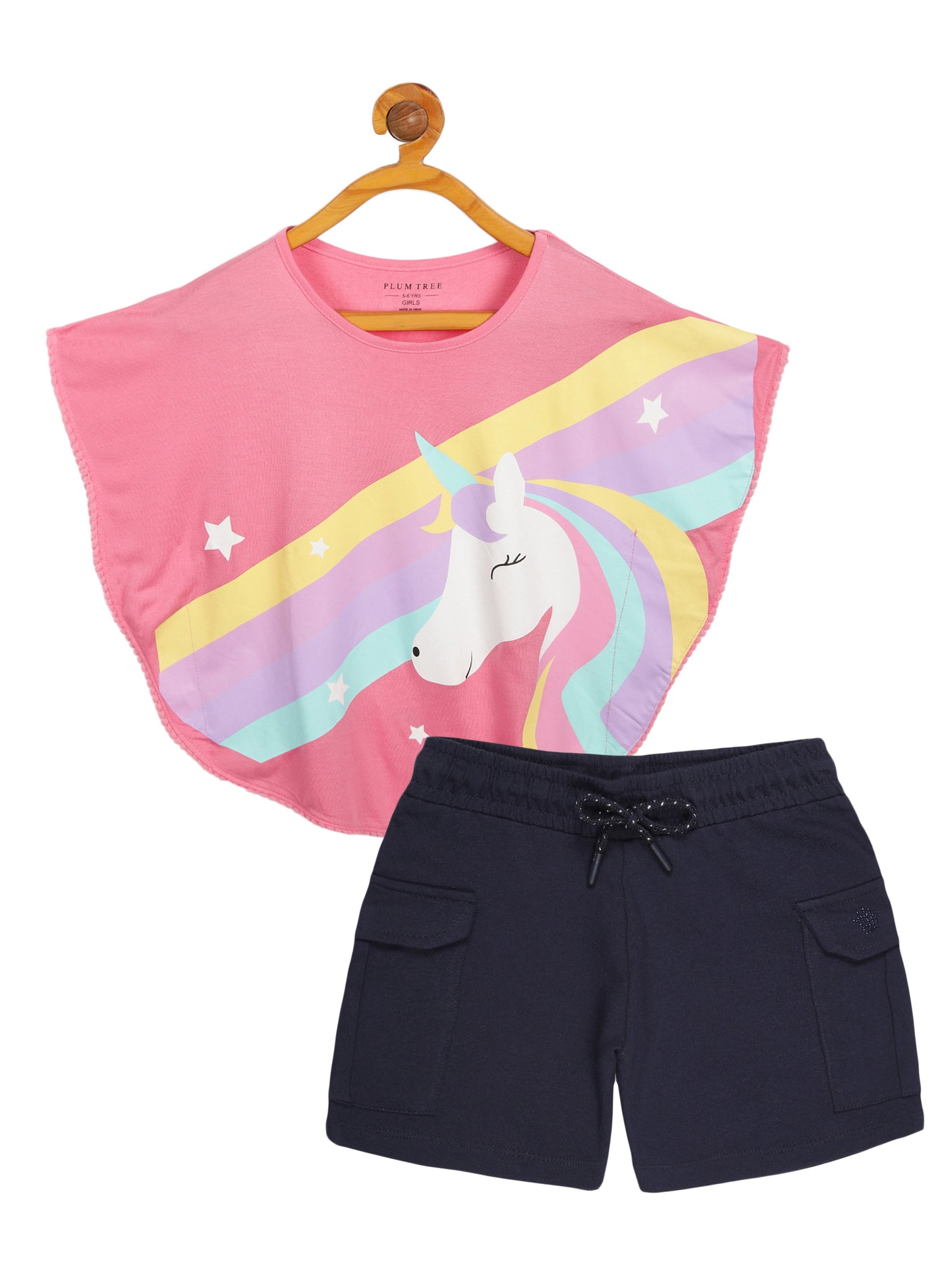 Girls 2 piece Soft Rayon Poncho T-shirt  & pure cotton knit cargo short Set -PINK NAVY