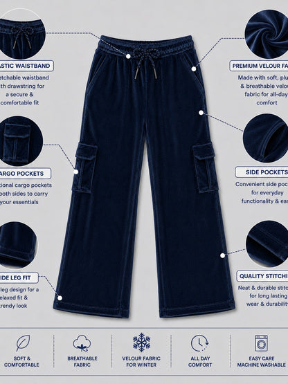 Girls Velour Wide Leg Cargo Pocket Pants