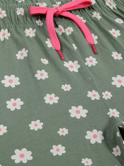 Girls Pure cotton 2 pack  All Over Printed Shorts-GREEN WHITE