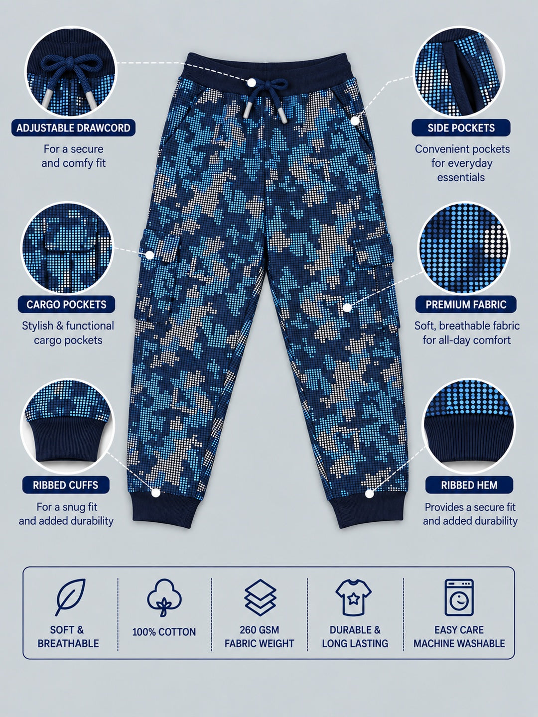 Boys Premium Soft Cotton Printed Cargo Pocket Jogger