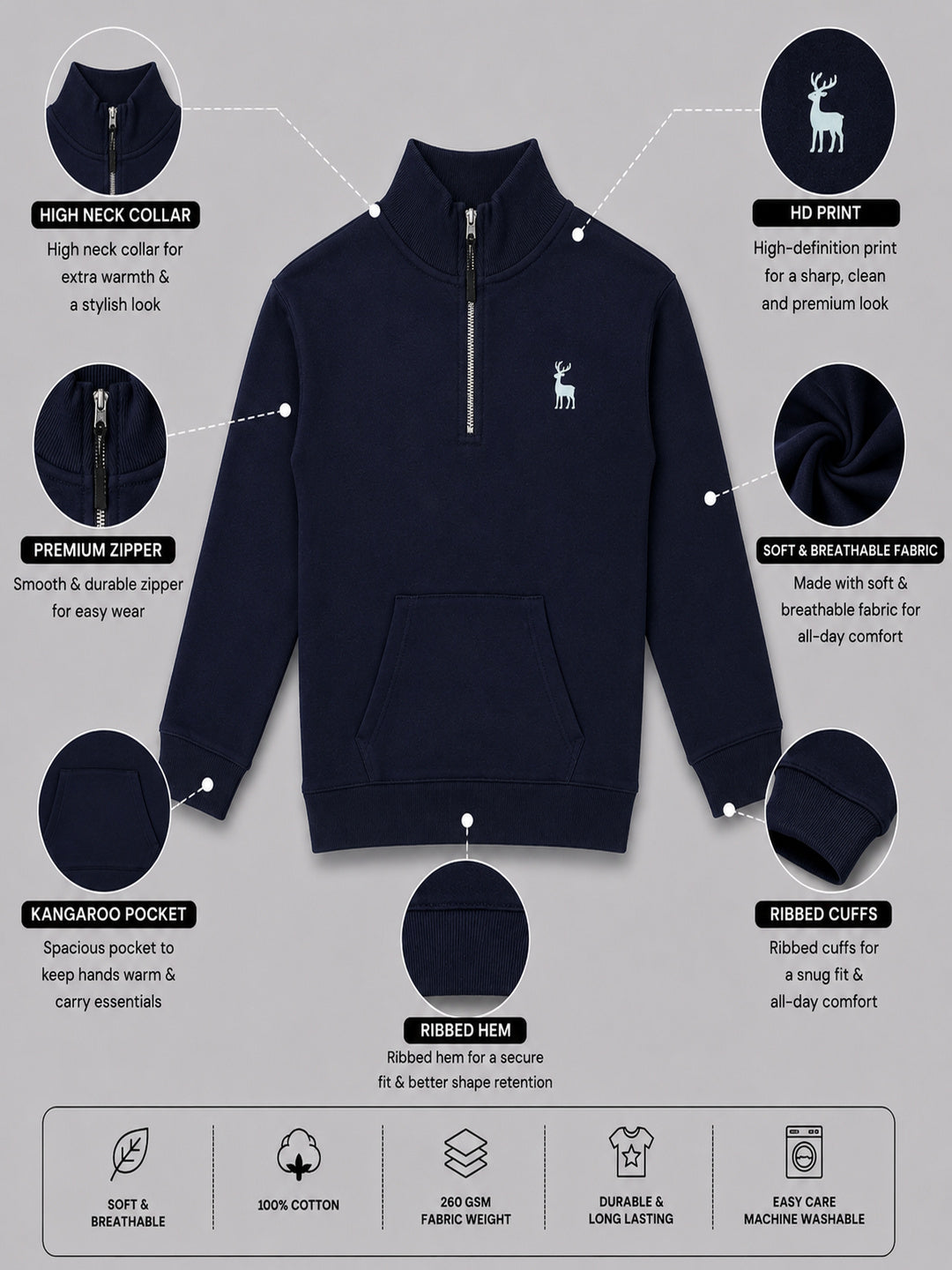 Boys Premium Soft cotton full sleeve Hi-Neck Half Zipper Sweatshirt